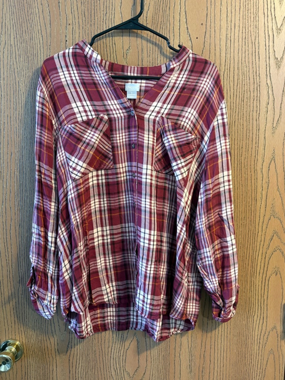 Chico's Burgundy Plaid Button-Down Top
